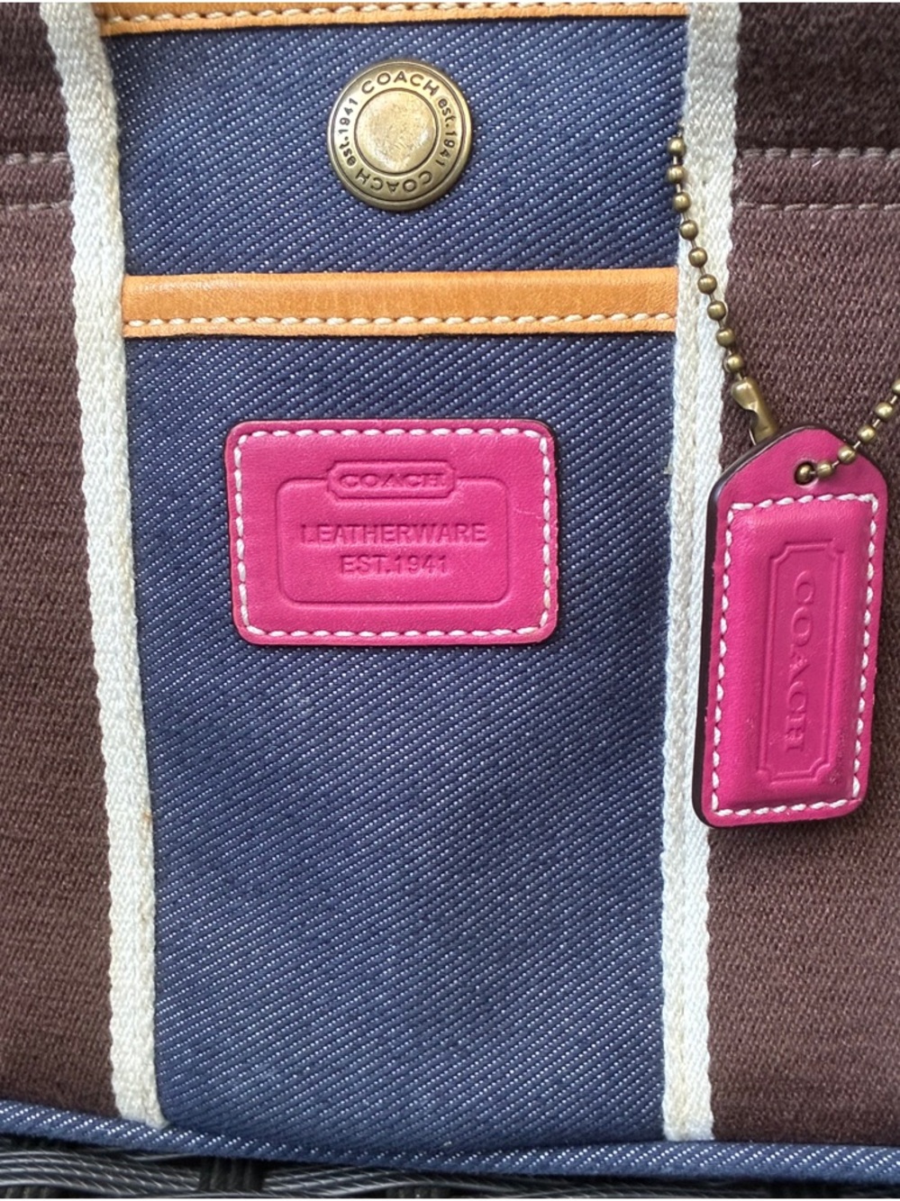 Coach Navy Denim Tote with Brown Straps and Pink Trim - Picture 6 of 16